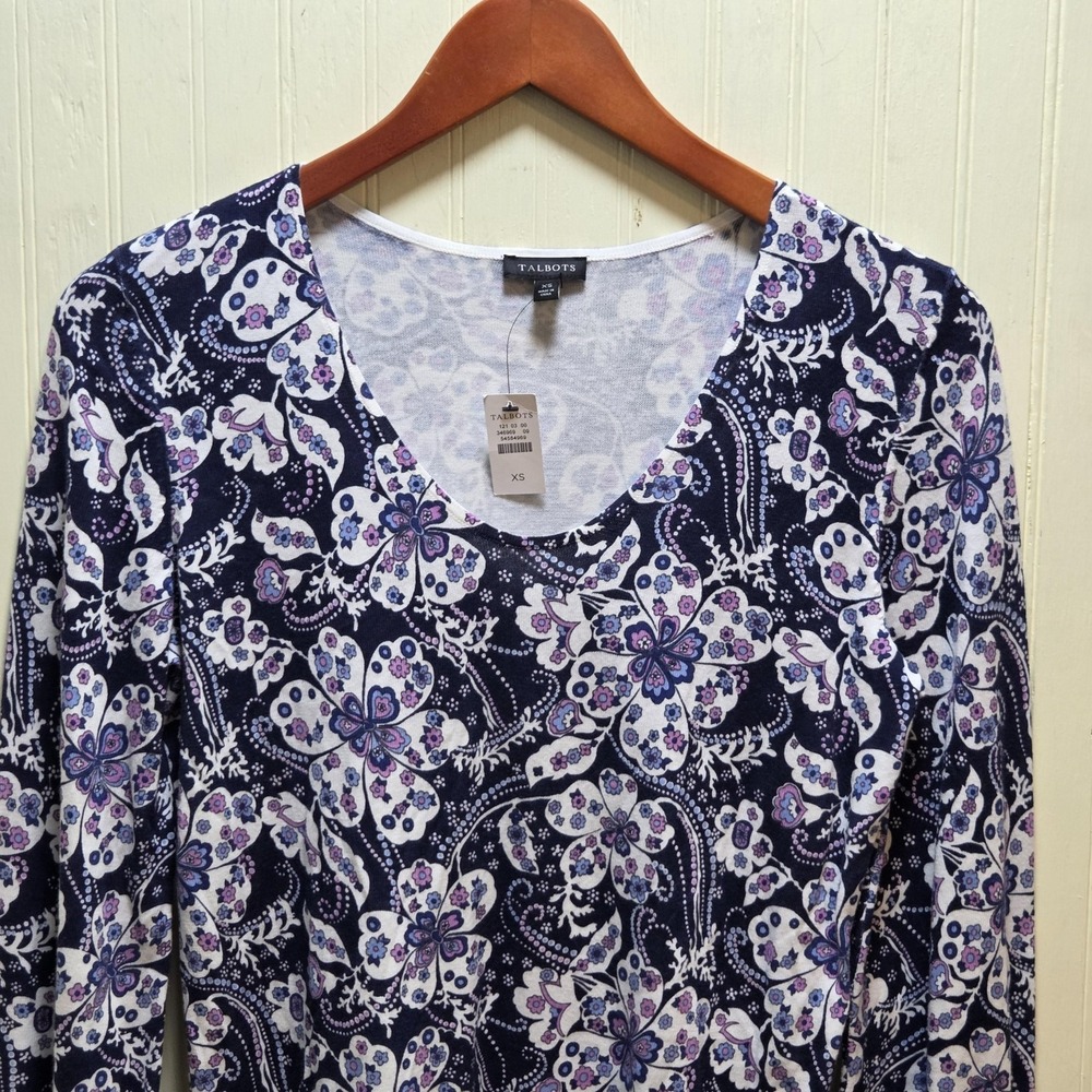 Talbots Sweater‎ Womens XS Blue Floral V Neck Knit Pullover Spring Lightweight